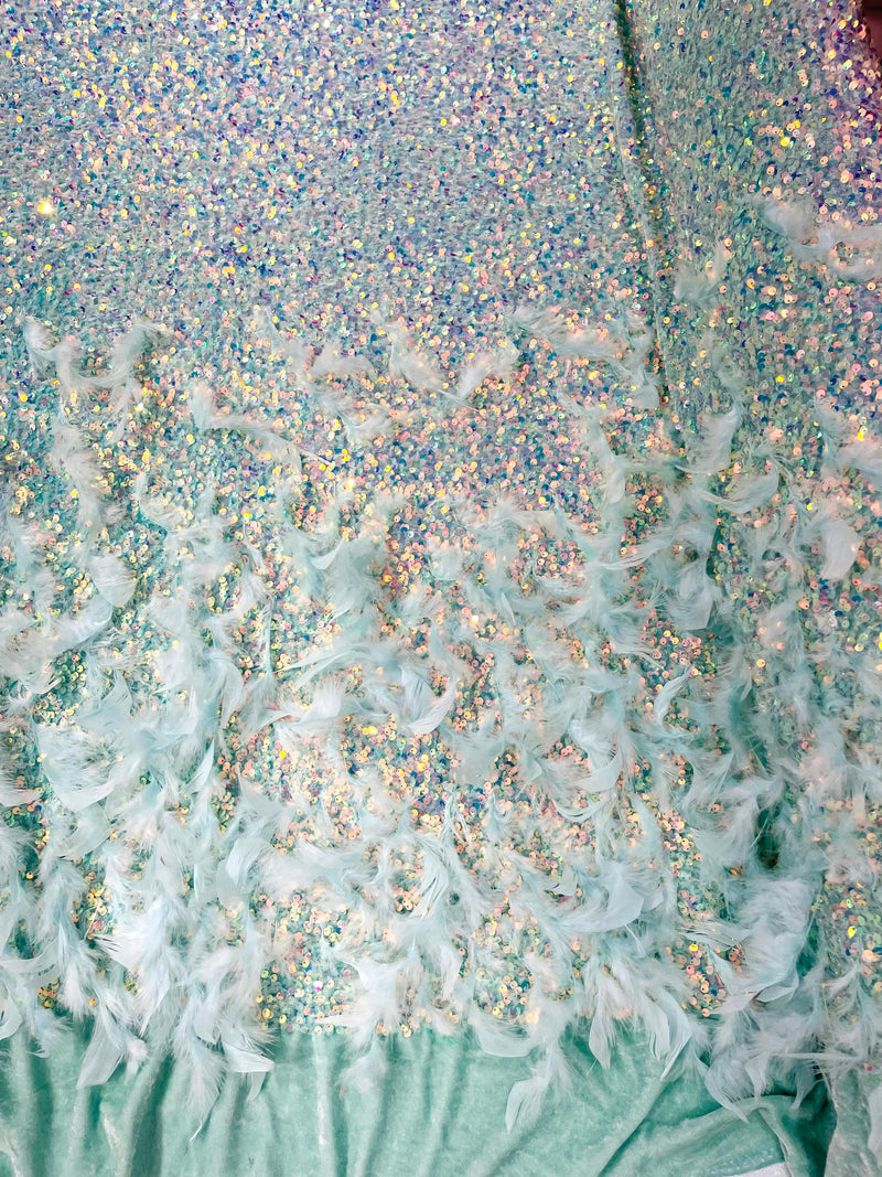 Mint Green Iridescent 5mm sequins on a stretch velvet with feathers 2-way stretch, sold by the yard
