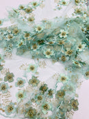 Multi Color 3D Floral Design Embroider with Pearls in a Mesh Lace Fabric -Sold by the yard.