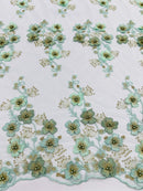 Multi Color 3D Floral Design Embroider with Pearls in a Mesh Lace Fabric -Sold by the yard.
