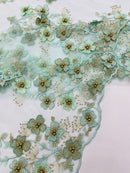 Multi Color 3D Floral Design Embroider with Pearls in a Mesh Lace Fabric -Sold by the yard.