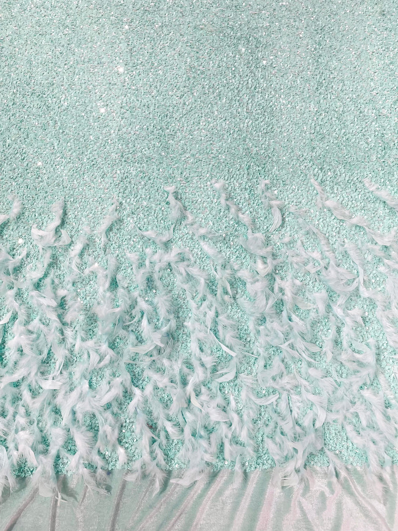 Mint 5mm sequins on a stretch velvet with feathers 2-way stretch, sold by the yard