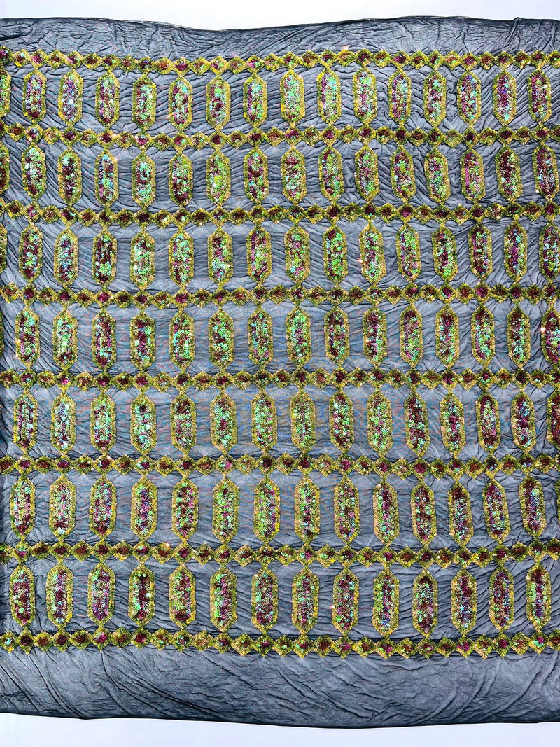 Moss Green/pink coral multi color iridescent Jewel sequin design on a black 4 way stretch mesh fabric.