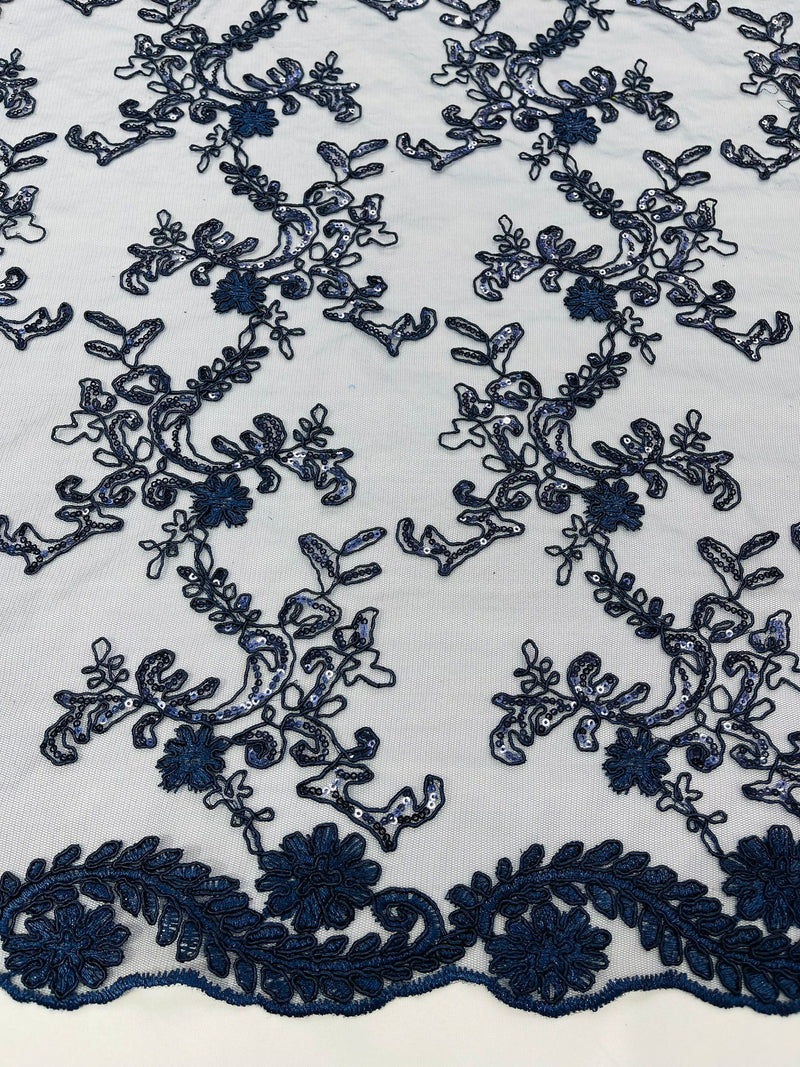 Navy Blue Flower lace corded and embroider with sequins on a mesh-Sold by the yard.