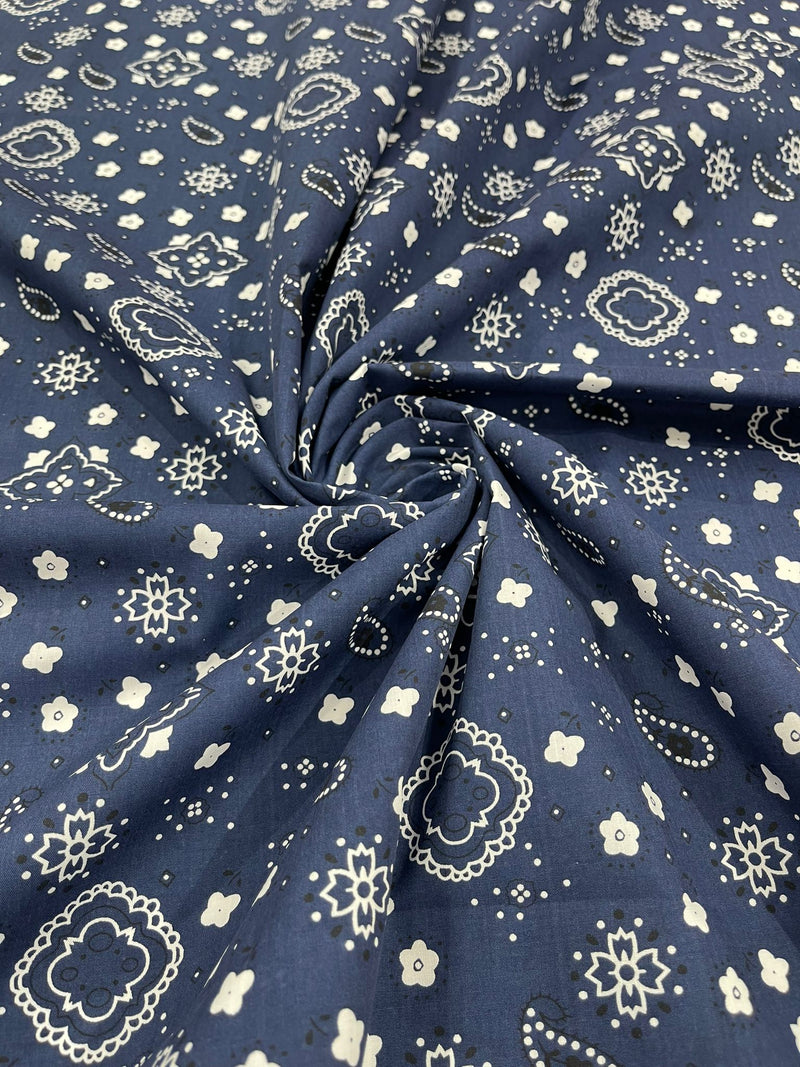 Navy Blue 58/59" Wide 65% Polyester 35 percent Cotton Bandanna Print Fabric, Good for Face Mask Covers, Clothing/costume/Quilting Fabric