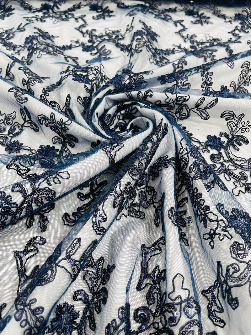 Navy Blue Flower lace corded and embroider with sequins on a mesh-Sold by the yard.
