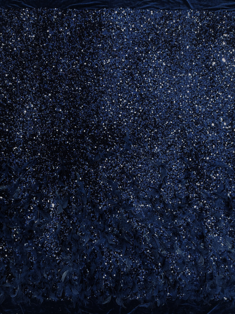 Navy Blue 5mm sequins on a stretch velvet with feathers 2-way stretch, sold by the yard