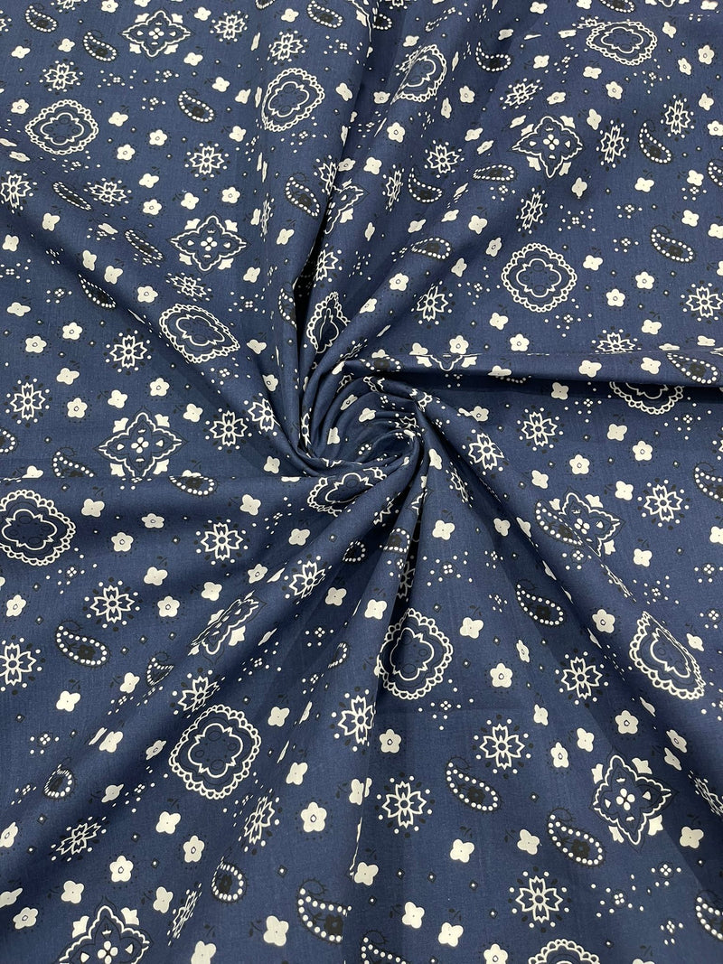 Navy Blue 58/59" Wide 65% Polyester 35 percent Cotton Bandanna Print Fabric, Good for Face Mask Covers, Clothing/costume/Quilting Fabric