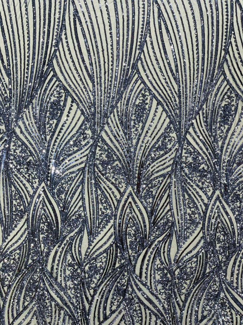 Geometric Feather wing shiny sequin design on a 4 way stretch mesh Fabric-old by the yard.