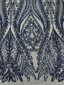 Damask design with sequins embroider on a 4 way stretch mesh fabric (By The Yard)