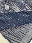 Geometric Feather wing shiny sequin design on a 4 way stretch mesh Fabric-sold by the yard.