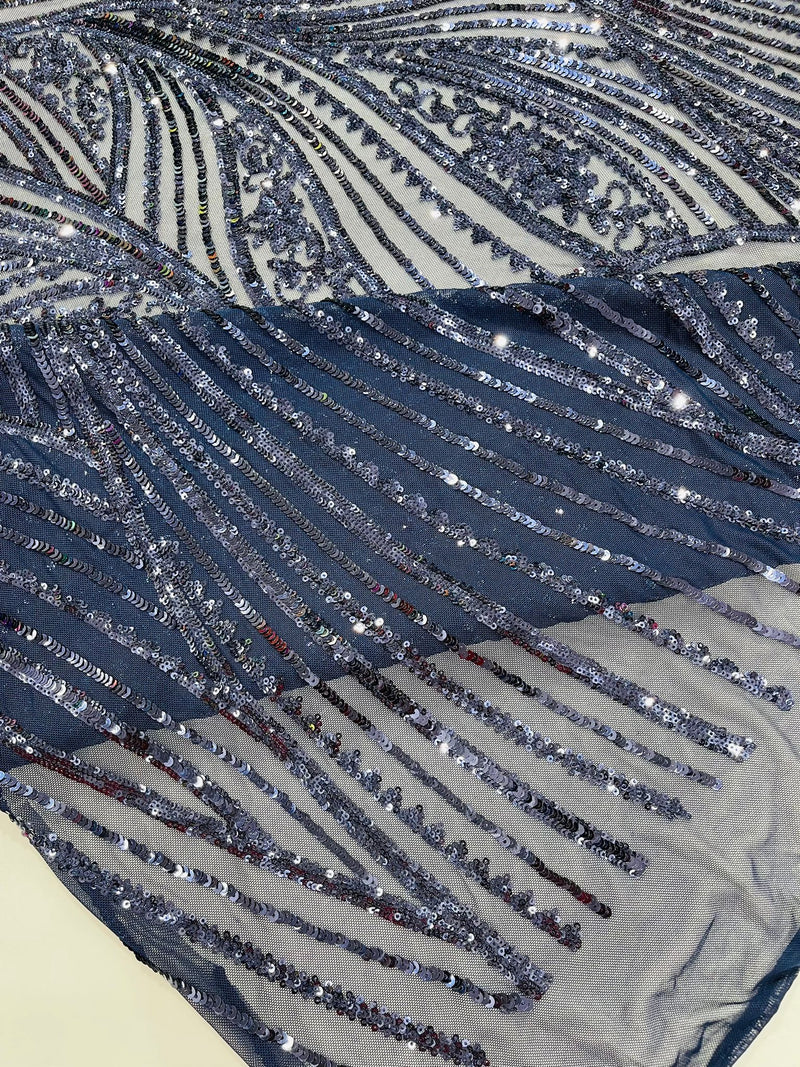 Geometric Feather wing shiny sequin design on a 4 way stretch mesh Fabric-old by the yard.