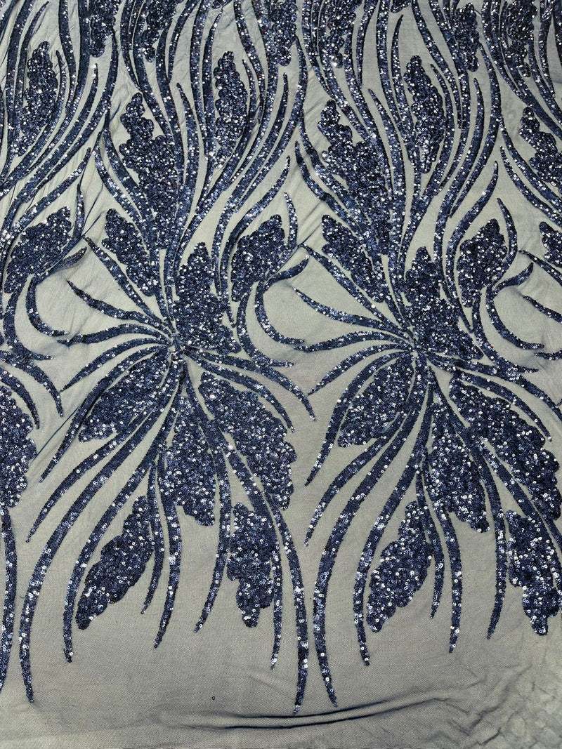 Feather damask shiny sequin design on a 4 way stretch mesh Fabric-sold by The yard.