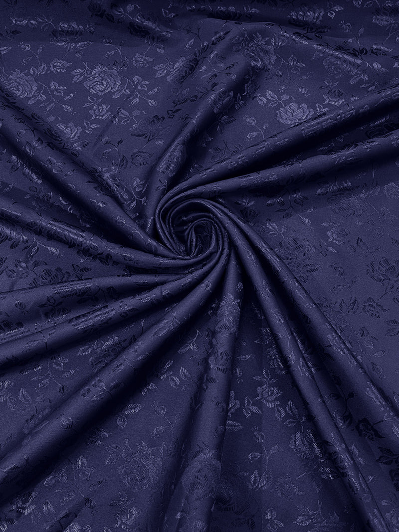 Navy Blue - 60" Wide Polyester /Flowers Brocade Jacquard Satin Fabric/ SoldByTheYard.