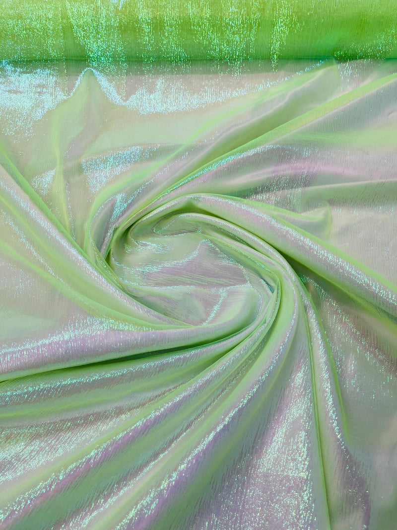 Neon Green Solid Crush Iridescent Shimmer Organza Fabric 45" Wide, Sold by The Yard.