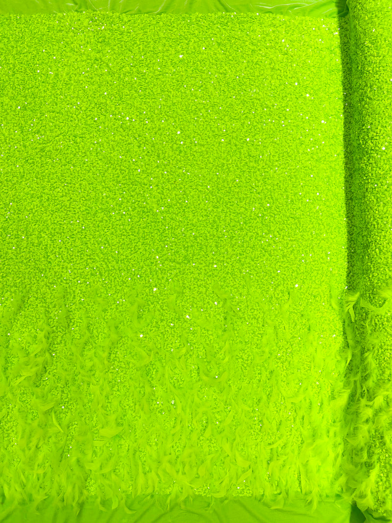 Neon Green 5mm sequins on a stretch velvet with feathers 2-way stretch, sold by the yard