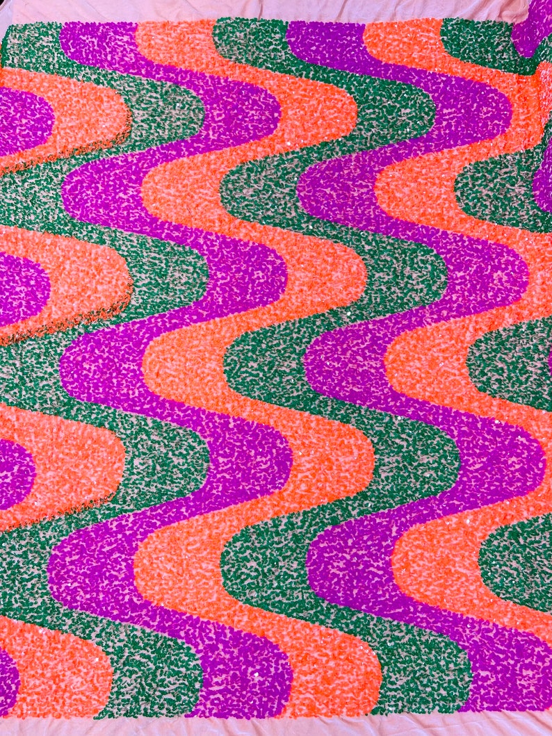 Neon Orange/Green/Magenta Sequin Wave Design stretch Velvet All Over Sequin.