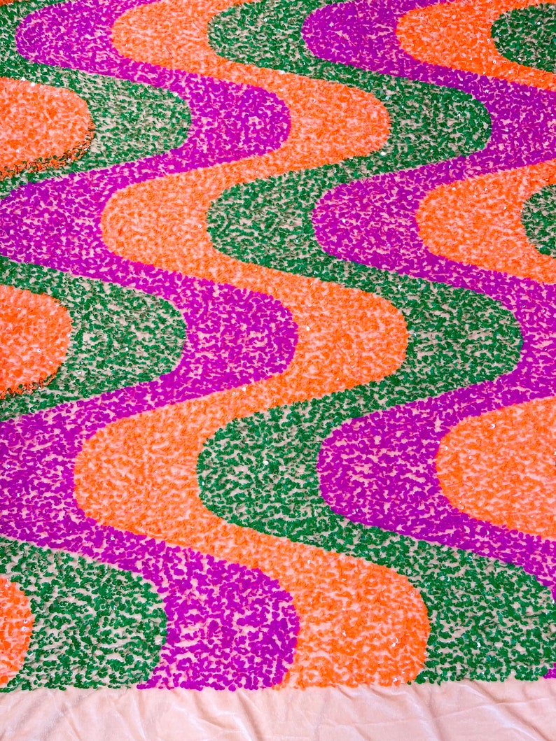 Neon Orange/Green/Magenta Sequin Wave Design stretch Velvet All Over Sequin.