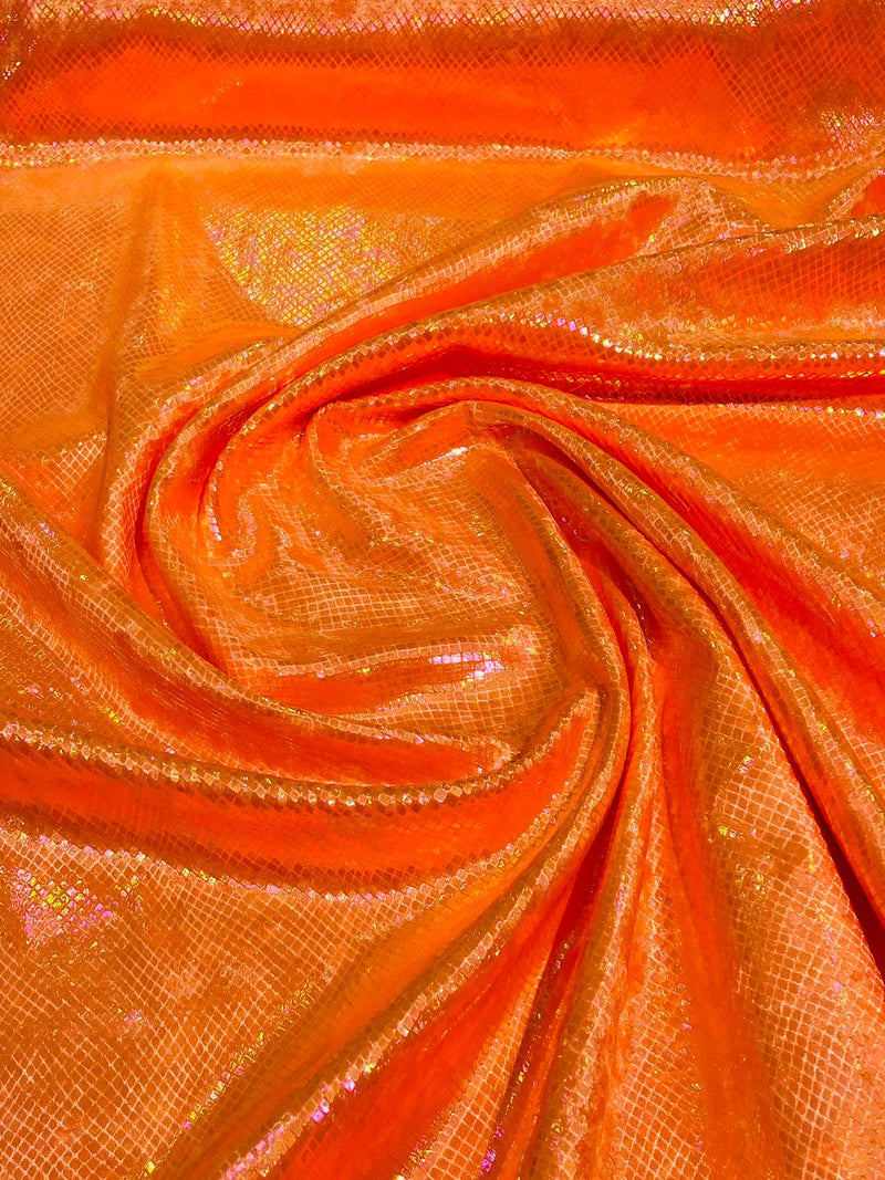 Neon Orange 5mm sequins on a stretch velvet with feathers 2-way stretch, sold by the yard