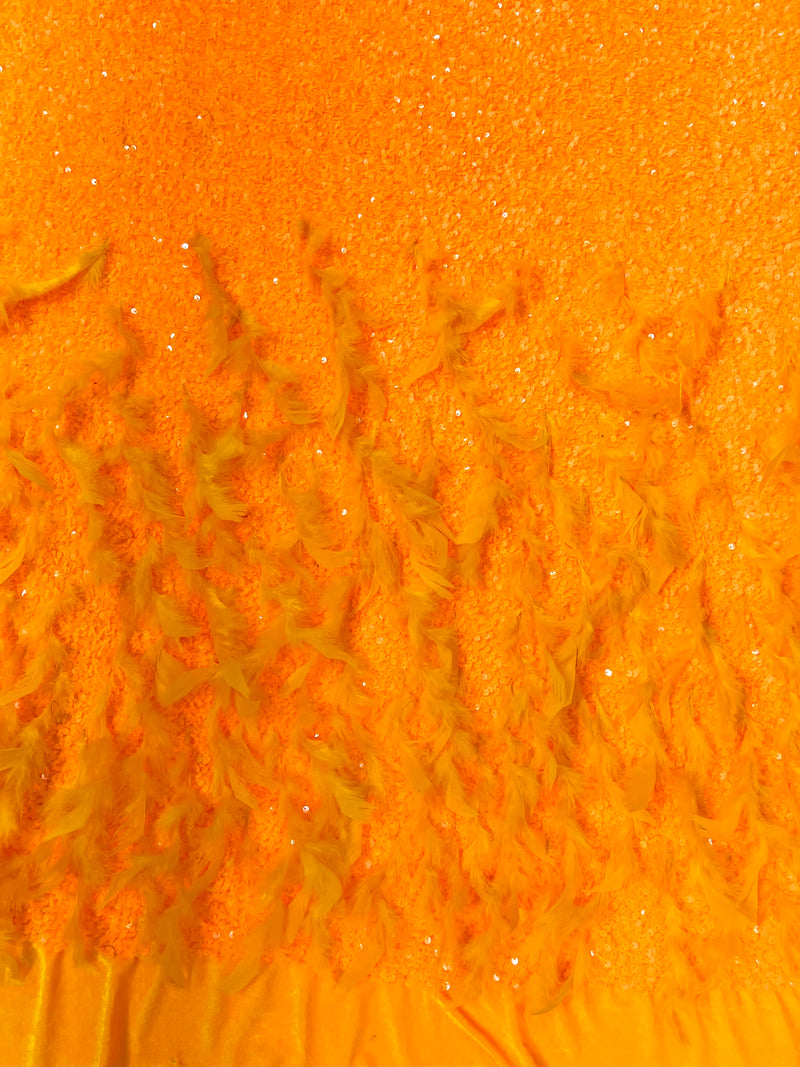 Neon Orange 5mm sequins on a stretch velvet with feathers 2-way stretch, sold by the yard