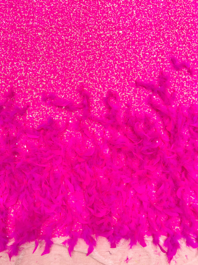 Neon Pink 5mm sequins on a stretch velvet with feathers 2-way stretch, sold by the yard