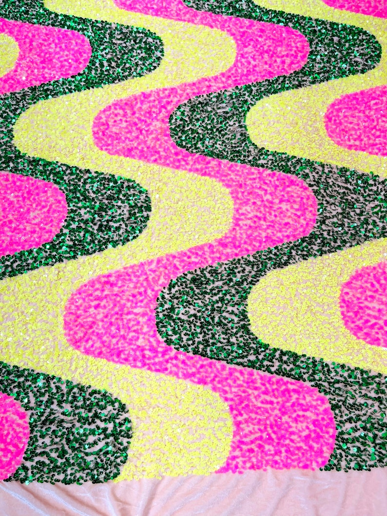 Neon Yellow/Neon Pink/Green Sequin Wave Design stretch Velvet All Over Sequin.