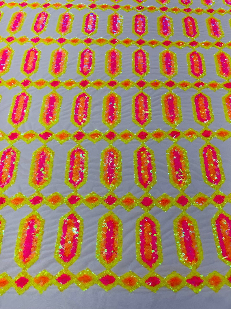 Neon Yellow/Neon Pink multi color iridescent Jewel sequin design on a White 4 way stretch mesh fabric.