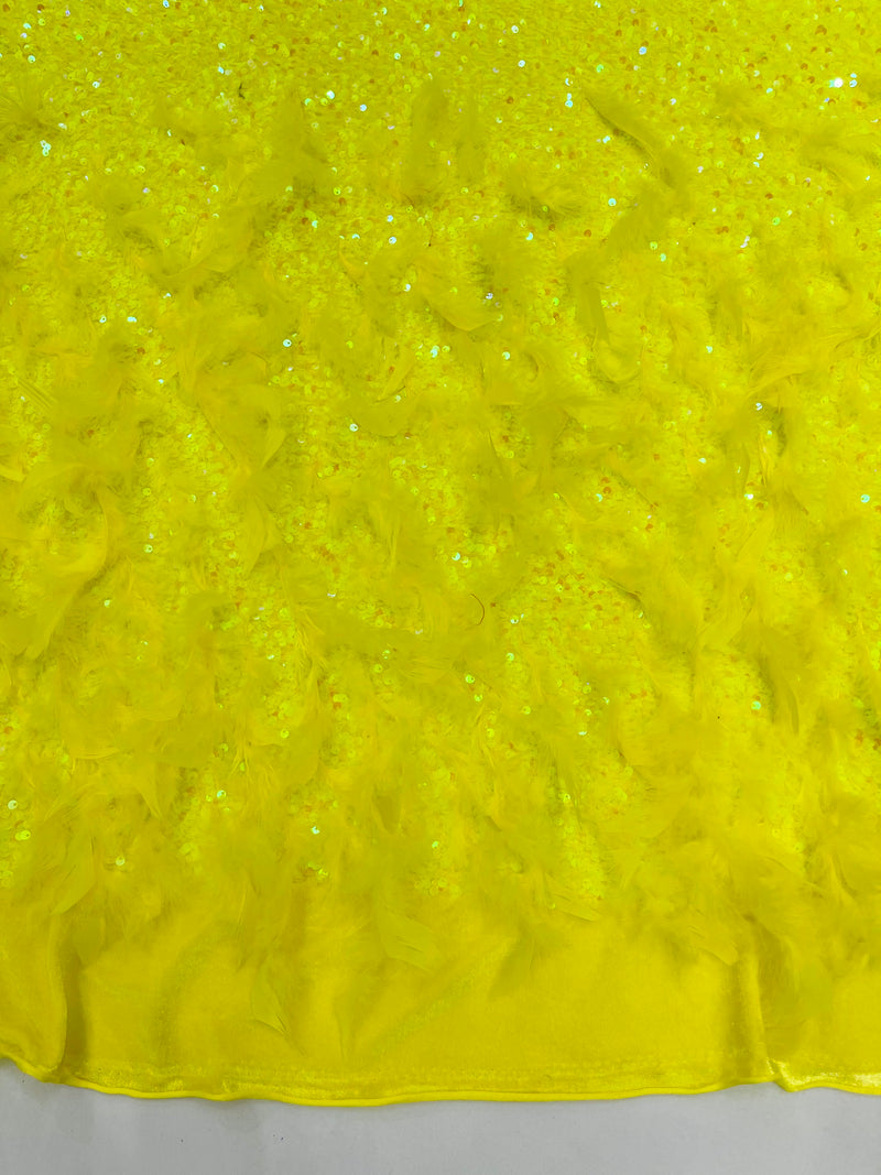 Neon Yellow Iridescent 5mm sequins on a stretch velvet with feathers 2-way stretch, sold by the yard