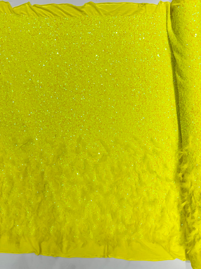 Neon Yellow Iridescent 5mm sequins on a stretch velvet with feathers 2-way stretch, sold by the yard
