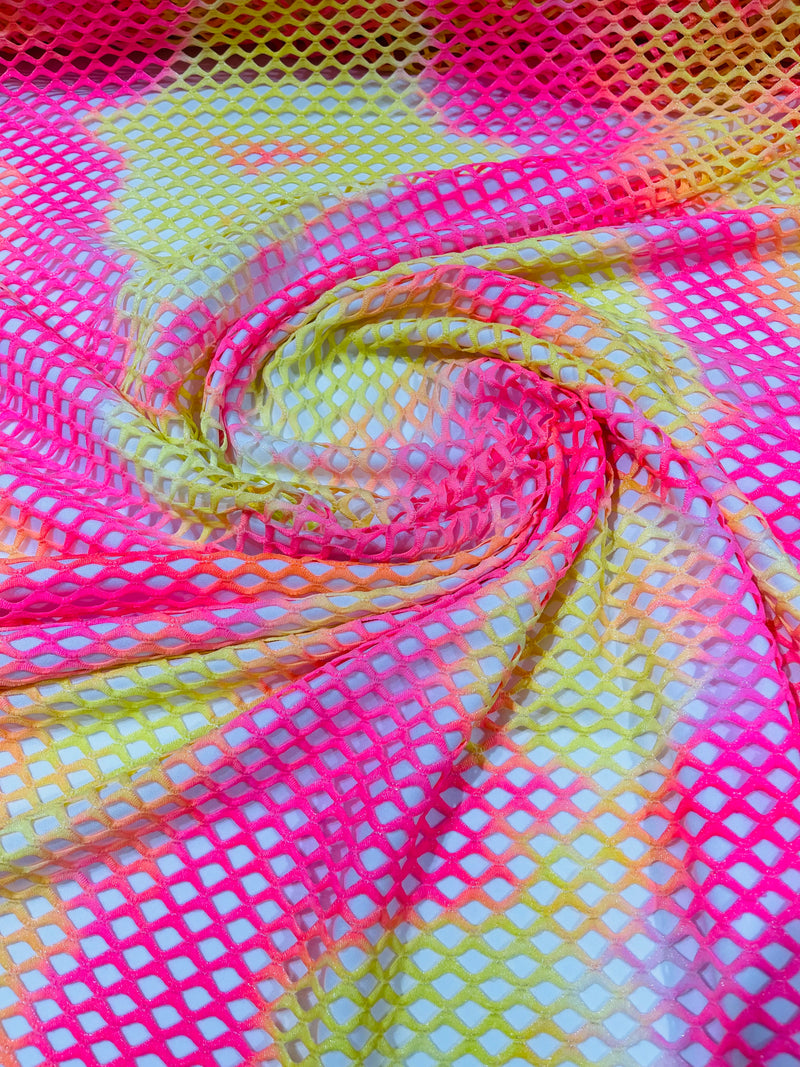 Neon Pink/Neon Yellow Fishnet diamond mesh tie dye with silver glitter 4way stretch 58"Wide/ByTheYard.
