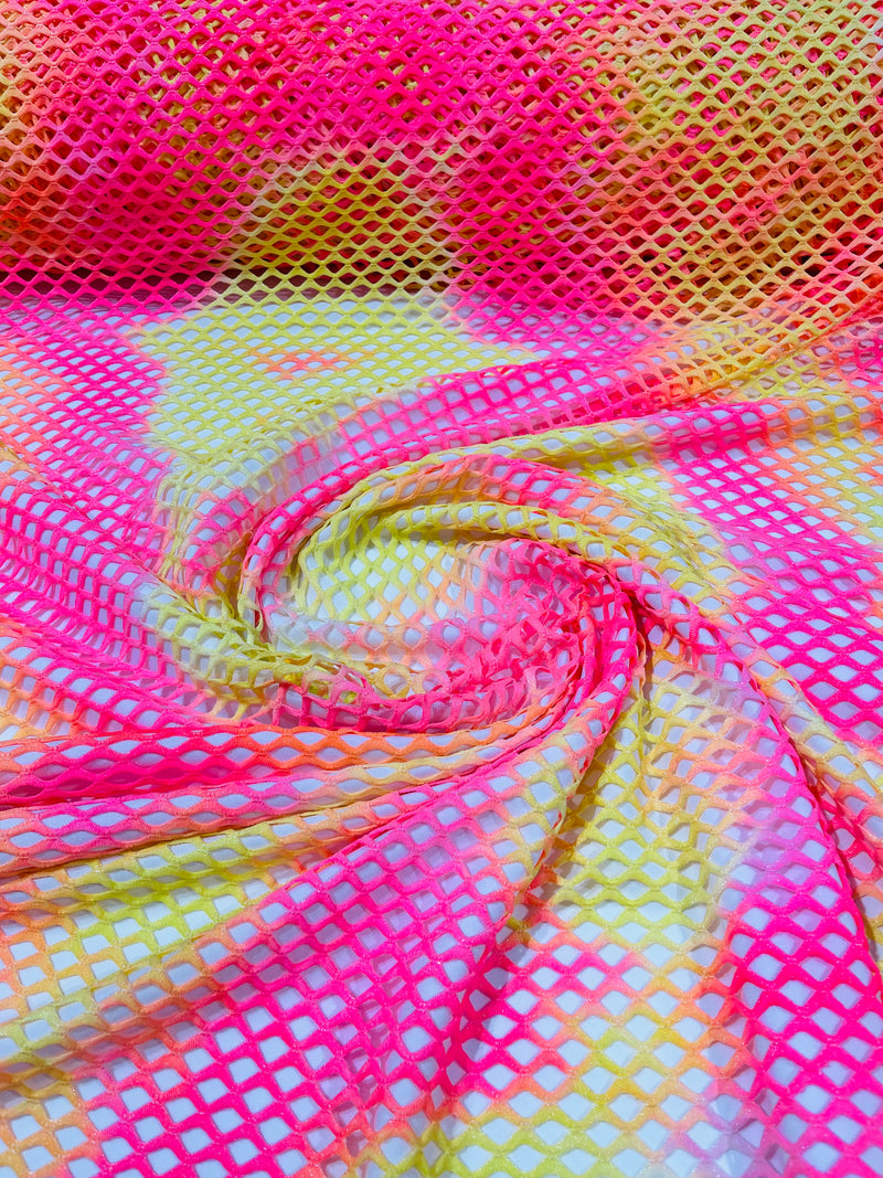 Neon Pink/Neon Yellow Fishnet diamond mesh tie dye with silver glitter 4way stretch 58"Wide/ByTheYard.