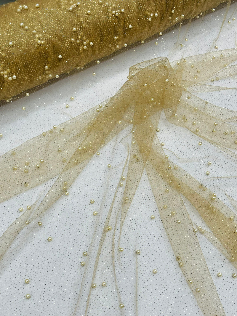 Pearl Glitter Studded Mesh, 2-Way Stretch Shimmer Mesh Fabric, Sold by the yard.