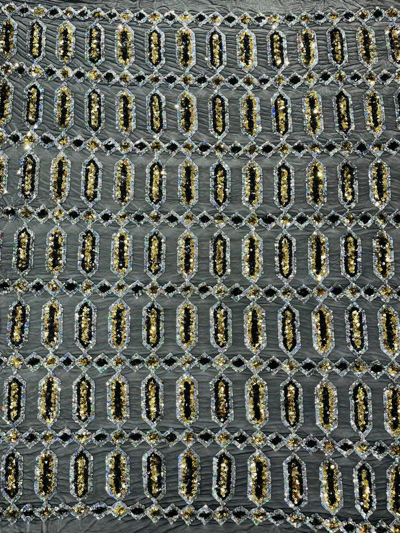 Olive Green/Silver multi color iridescent Jewel sequin design on a Black 4 way stretch mesh fabric.