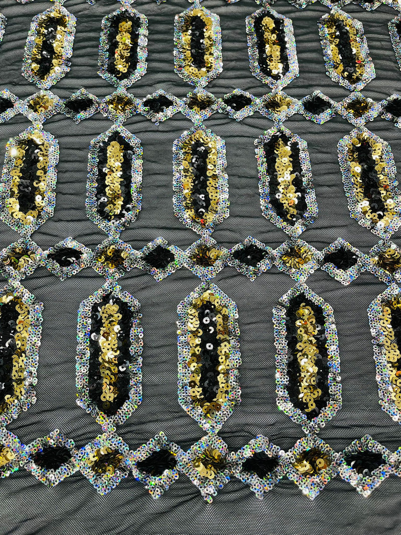 Olive Green/Silver multi color iridescent Jewel sequin design on a Black 4 way stretch mesh fabric.