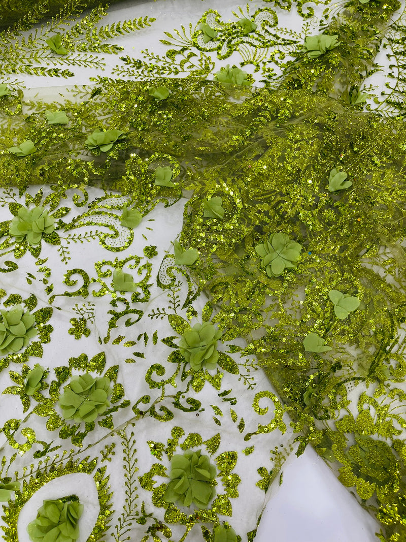 Floral 3D Palm Damask with Glitter in a Mesh Lace- Sold by the yard.