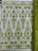 Floral 3D Palm Damask with Glitter in a Mesh Lace- Sold by the yard.