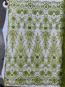 Floral 3D Palm Damask with Glitter in a Mesh Lace- Sold by the yard.