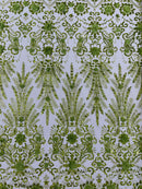 Floral 3D Palm Damask with Glitter in a Mesh Lace- Sold by the yard.