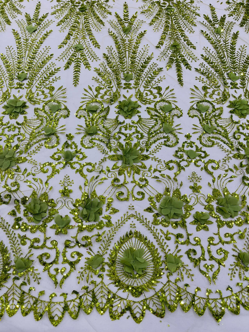 Floral 3D Palm Damask with Glitter in a Mesh Lace- Sold by the yard.