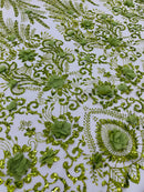 Floral 3D Palm Damask with Glitter in a Mesh Lace- Sold by the yard.