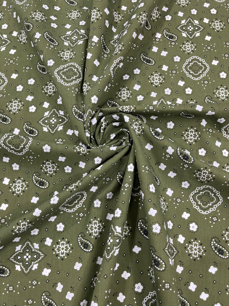 Olive 58/59" Wide 65% Polyester 35 percent Cotton Bandanna Print Fabric, Good for Face Mask Covers, Clothing/costume/Quilting Fabric