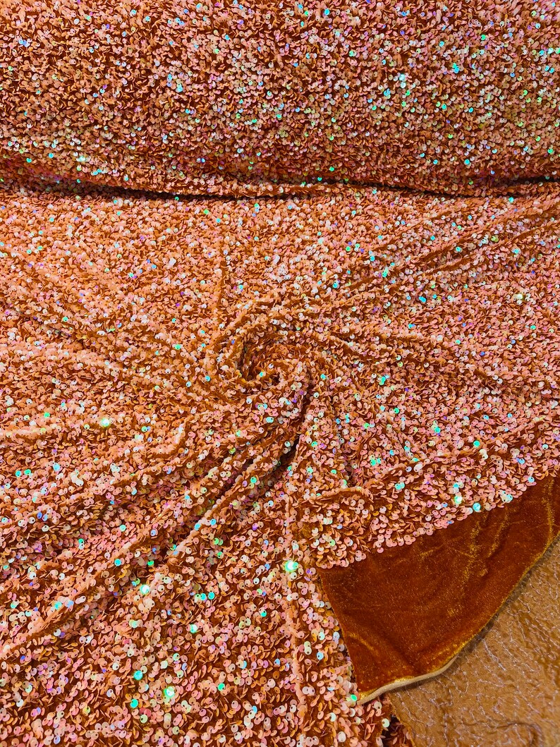 Burnt Orange Iridescent Sequin Stretch Velvet Fabric 5mm,58 Inches wide /Prom/ Sold By The Yard.