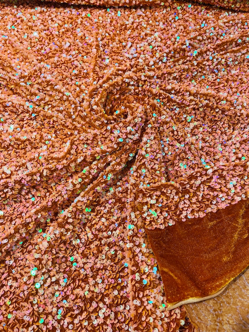 Burnt Orange Iridescent Sequin Stretch Velvet Fabric 5mm,58 Inches wide /Prom/ Sold By The Yard.
