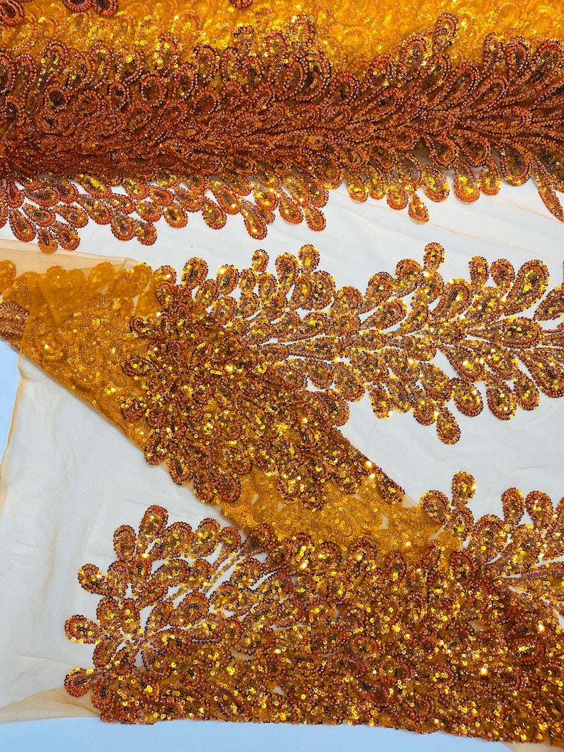 Orange Vegas heavy beaded and sequins feather design embroidery on a mesh fabric-Sold by the 1 Feather Panel W-12Inc x L-48Inc.