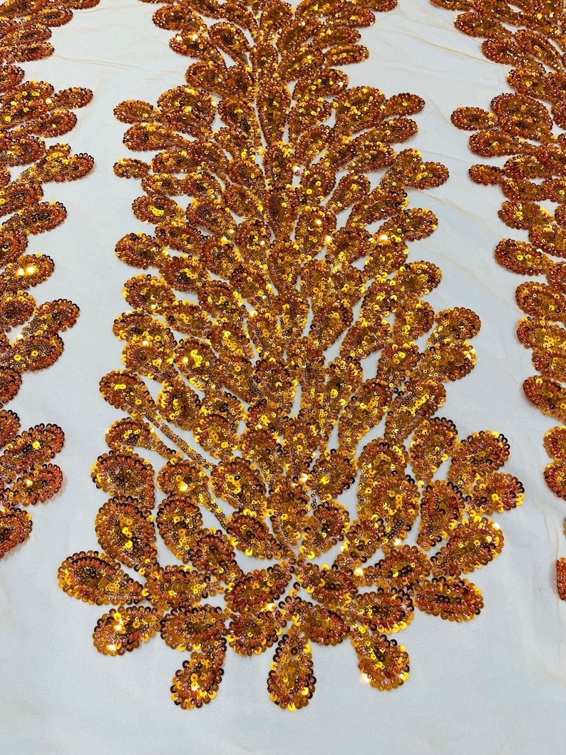 Orange Vegas heavy beaded and sequins feather design embroidery on a mesh fabric-Sold by the 1 Feather Panel W-12Inc x L-48Inc.