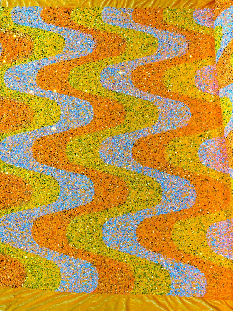 Orange Iridescent/ Clear/Aqua Iridescent Sequin Wave Design stretch Velvet All Over Sequin.