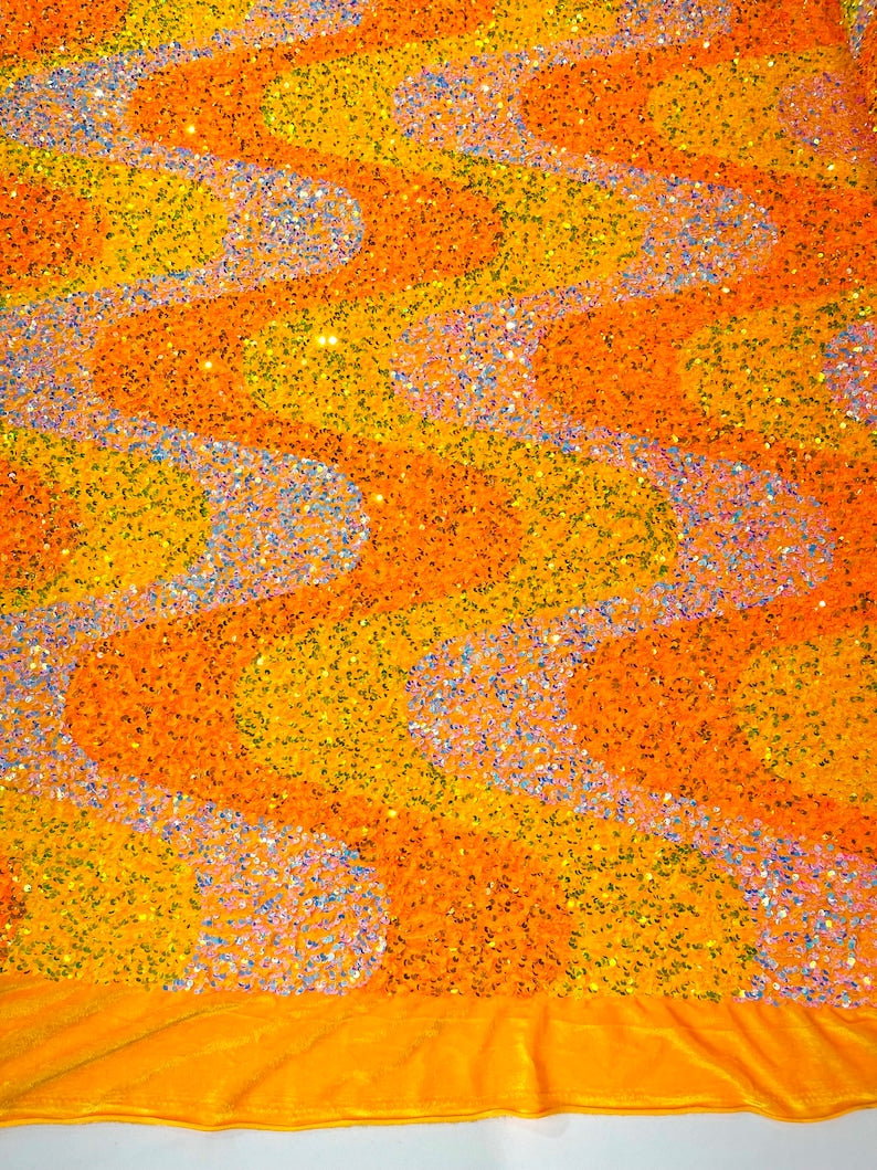 Orange Iridescent/ Clear/Aqua Iridescent Sequin Wave Design stretch Velvet All Over Sequin.