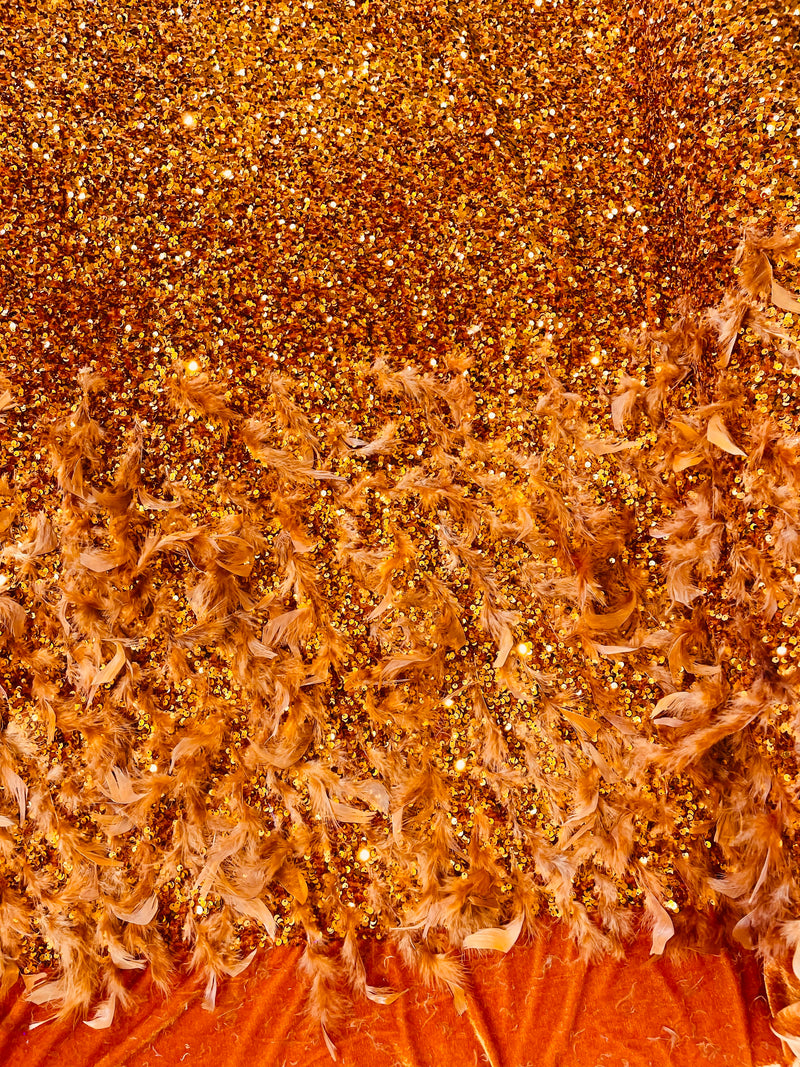 Orange 5mm sequins on a stretch velvet with feathers 2-way stretch, sold by the yard