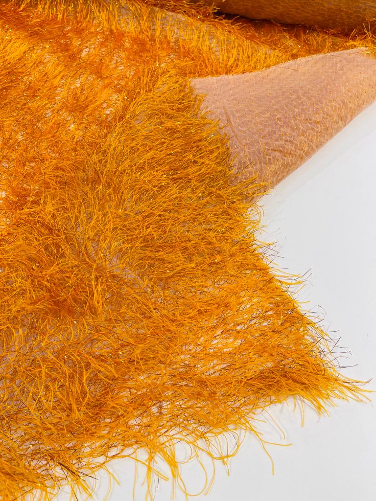 Orange Shaggy Jacquard Faux Ostrich/Eye Lash Feathers Fringe With Metallic Thread By The Yard