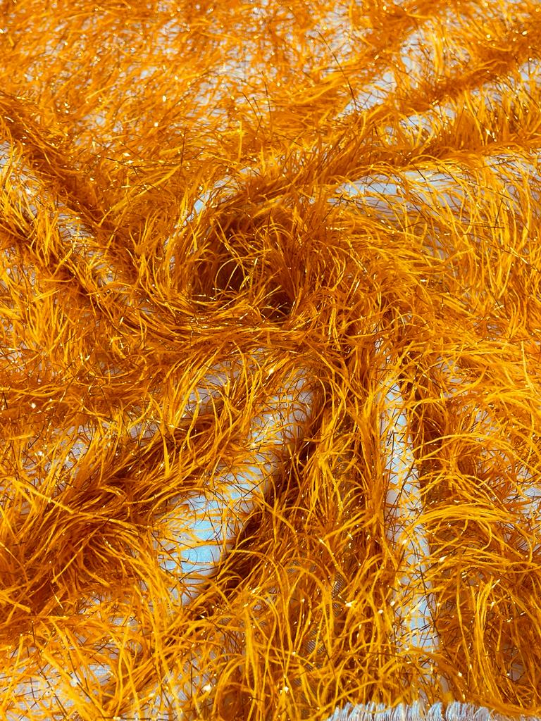 Orange Shaggy Jacquard Faux Ostrich/Eye Lash Feathers Fringe With Metallic Thread By The Yard