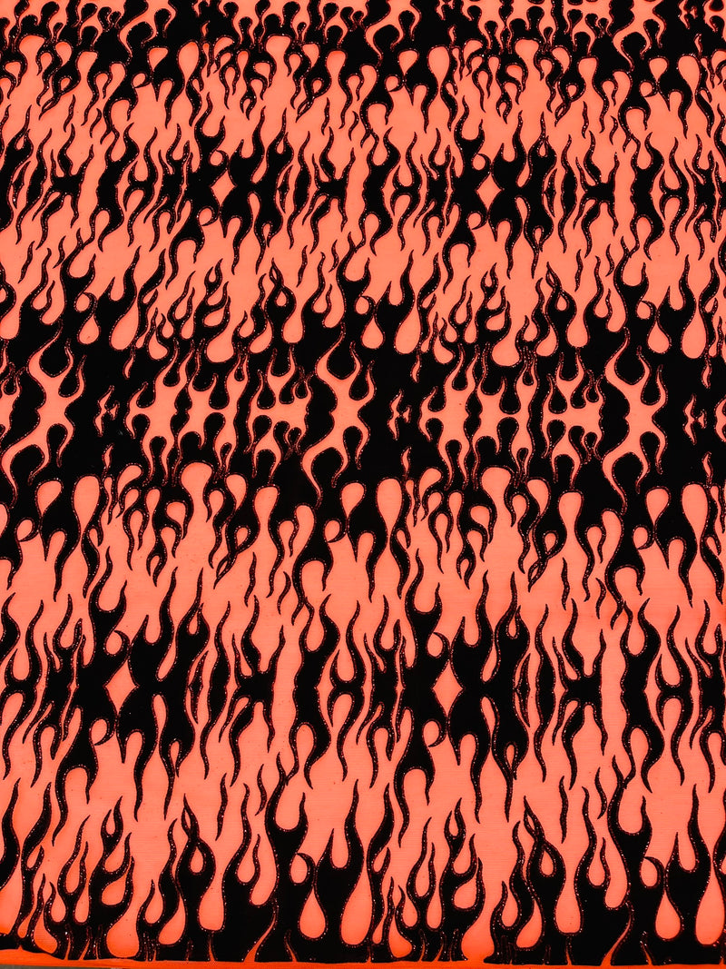 Power Mesh with Black Flocking Flames and Red Glitter Fabric-60” Wide-Hot Rod.